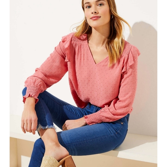 LOFT Tops - Loft Clip Dot Smocked Ruffle Blouse
